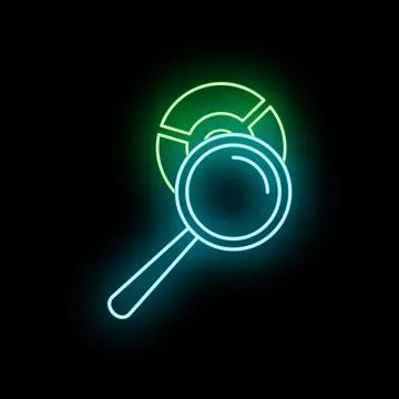 Magnifying glass analyzing data chart neon icon Illustrazione stock