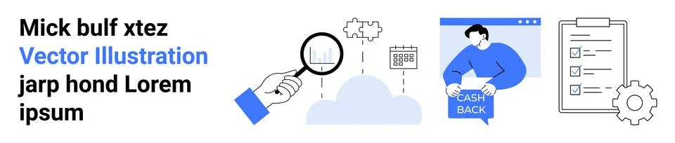 Magnifying glass analyzing data, cloud computing, person with cashback sign,  Stock Illustration