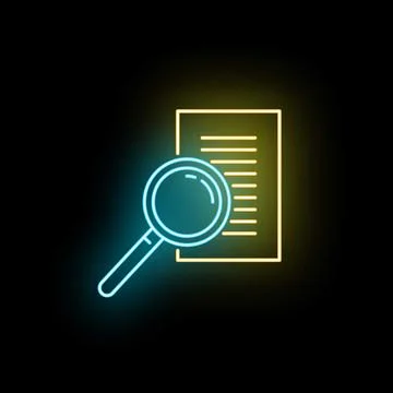 Magnifying glass analyzing document data neon icon Stock Illustration