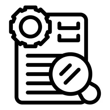 Magnifying glass analyzing document with gear representing project manageme.. 스톡 일러스트