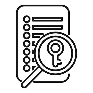 Magnifying glass analyzing document with key representing data security and Stockillustratie