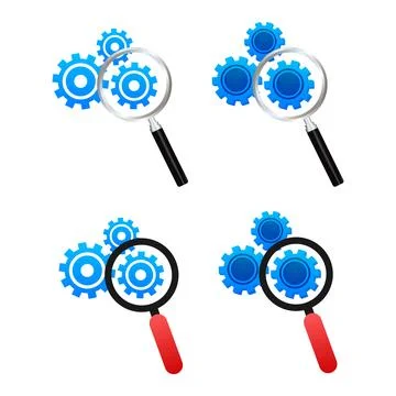 Magnifying glass analyzing gears for system optimization settings Stock Illustration