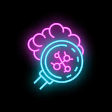 Magnifying glass analyzing human brain with artificial intelligence neon sign Stock Illustration