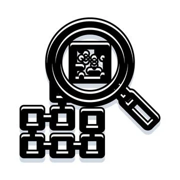 Magnifying glass analyzing interconnected data blocks Stock Illustration