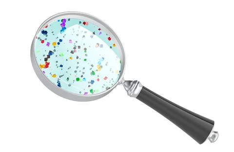 Magnifying glass analyzing microplastic particles in water. 3D rendering Stock Illustration