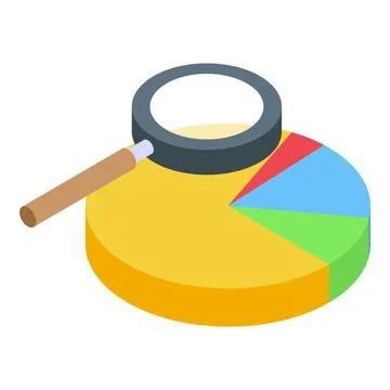 Magnifying glass analyzing pie chart data in isometric view Stock Illustration