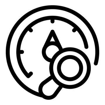 Magnifying glass analyzing speedometer with arrow pointing high performance Stock Illustration