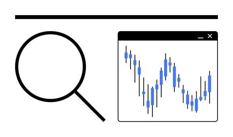 Magnifying glass and computer window displaying candlestick chart, illustrati Illustrazione stock