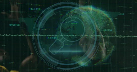 Magnifying glass and data processing animation over digital world map Stock Footage 306169882