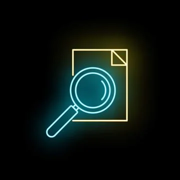 Magnifying glass and document icon in neon glow Stock Illustration