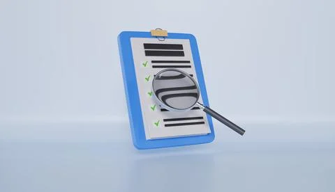 Magnifying glass and document, Research list, Business data check 스톡 일러스트