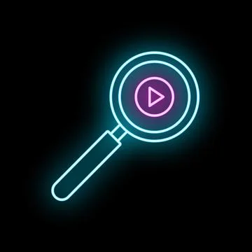 Magnifying glass and play button neon icon Illustrazione stock