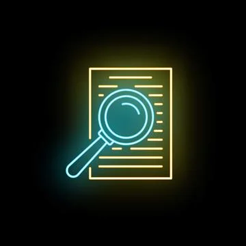 Magnifying glass auditing document text neon sign Stock Illustration