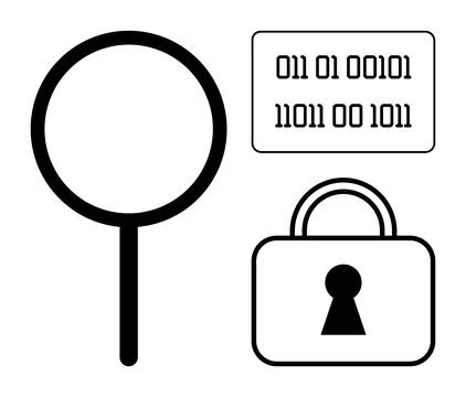 Magnifying glass, binary code, and lock symbolizing data analysis, cybersecur Illustrazione stock