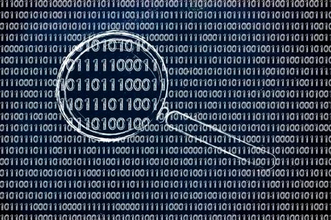 Magnifying glass on binary code, concept of pattern recognition Stock Illustration