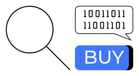 Magnifying glass, binary code in speech bubble, and blue rectangular buy butt Stock Illustration
