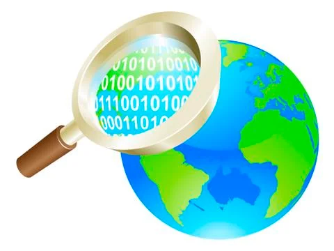 Magnifying glass binary data world globe concept Stock Illustration
