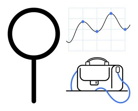 Magnifying glass, briefcase, and graph with data points and trend line. Ideal Stock Illustration