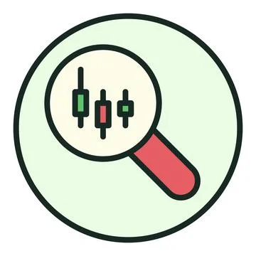 Magnifying Glass with Candlestick Chart Crypto Trading vector colored round.. Stock Illustration