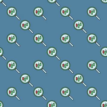 Magnifying Glass with candlestick pattern vector searching colored seamless.. Stock Illustration