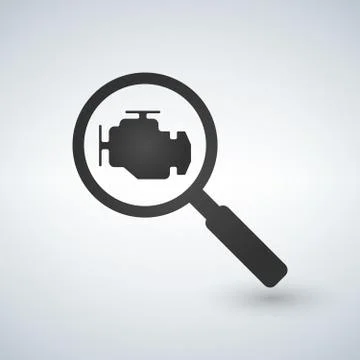 Magnifying glass with check engine icon. Vector engine diagnostics concept si Illustrazione stock