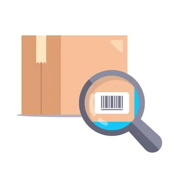 Magnifying glass checking barcode on cardboard box. Stock Illustration