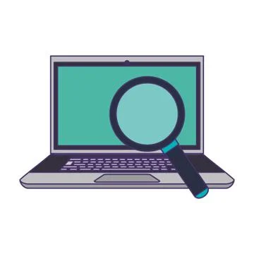 Magnifying glass checking laptop computer blue lines Stock Illustration