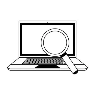 Magnifying glass checking laptop computer in black and white Stock Illustration