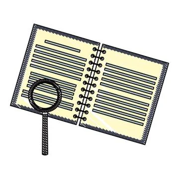 Magnifying glass checking notebook open scribble Stock Illustration