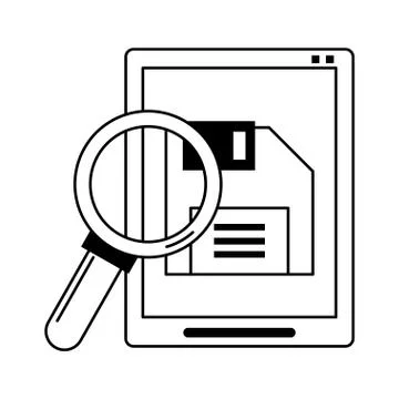 Magnifying glass checking system cartoon in black and white Stock Illustration