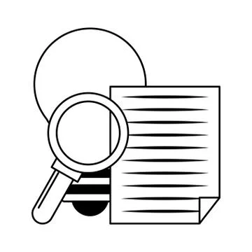 Magnifying glass checking system cartoon in black and white Stock Illustration