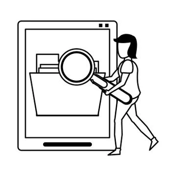 Magnifying glass checking system cartoon in black and white Stockillustratie