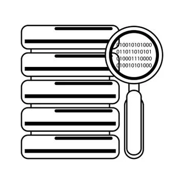 Magnifying glass checking system cartoon in black and white Stock Illustration