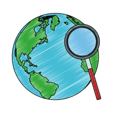 Magnifying glass checking world scribble Stock Illustration