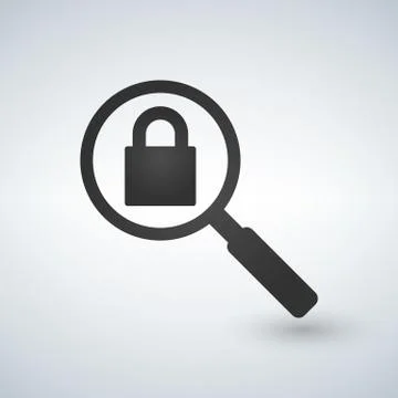 Magnifying glass with closed padlock, vector illustration. Stock Illustration
