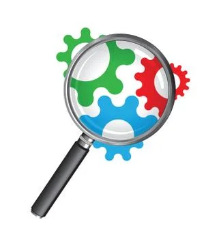 Magnifying glass with cogs Stock Illustration