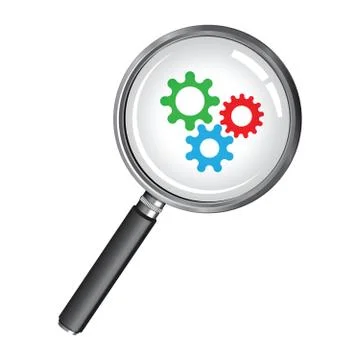 Magnifying glass with cogs Stock Illustration