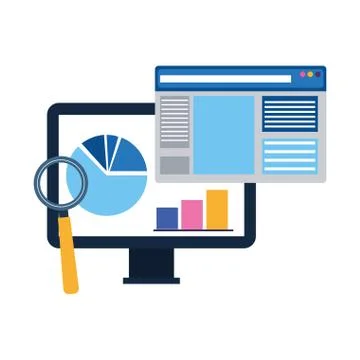 Magnifying glass, computer and web page window Stock Illustration