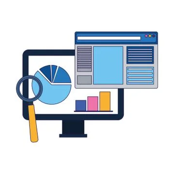 Magnifying glass, computer and web page window, colorful design Stock Illustration