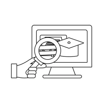 Magnifying glass with computer Illustrazione stock