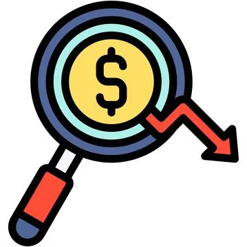 Magnifying glass with decrease arrow icon, Bankruptcy related vector Stockillustratie