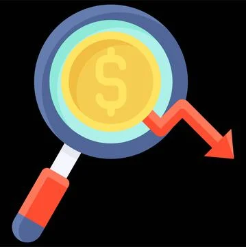 Magnifying glass with decrease arrow icon, Bankruptcy related vector Stock Illustration