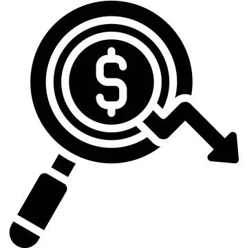 Magnifying glass with decrease arrow icon, Bankruptcy related vector Stock Illustration