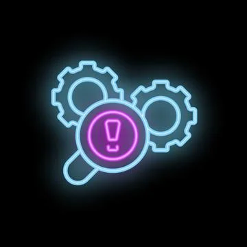 Magnifying glass detecting problem in neon style with gears 스톡 일러스트