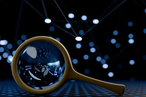 A magnifying glass with a digital network background. Illustrazione stock