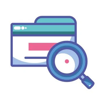 Magnifying glass with digital objects in white background Illustrazione stock