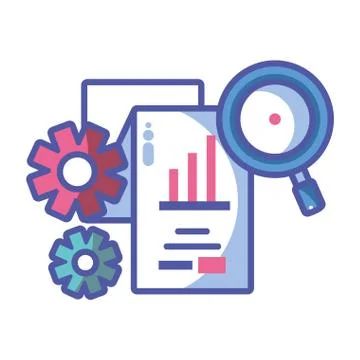 Magnifying glass with digital objects in white background Stock Illustration