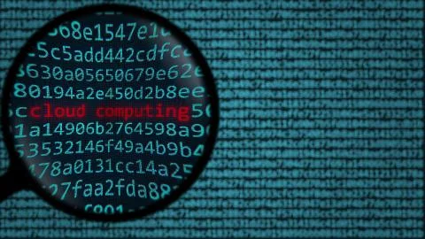 Magnifying glass discovers cloud computing words on computer screen. 3D Stock Illustration