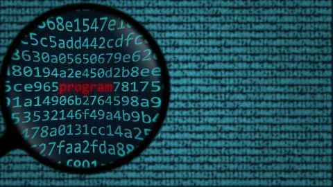 Magnifying glass discovers program word on computer screen. 3D rendering Stock Illustration