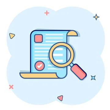 Magnifying glass with document icon in comic style. Report approval cartoon v Stock Illustration